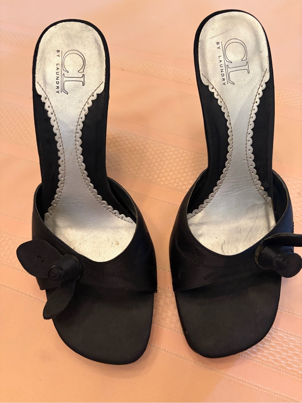 CL by Laundry Black Floral Accent Open-Toe Slide Heels - Picture 2 of 4